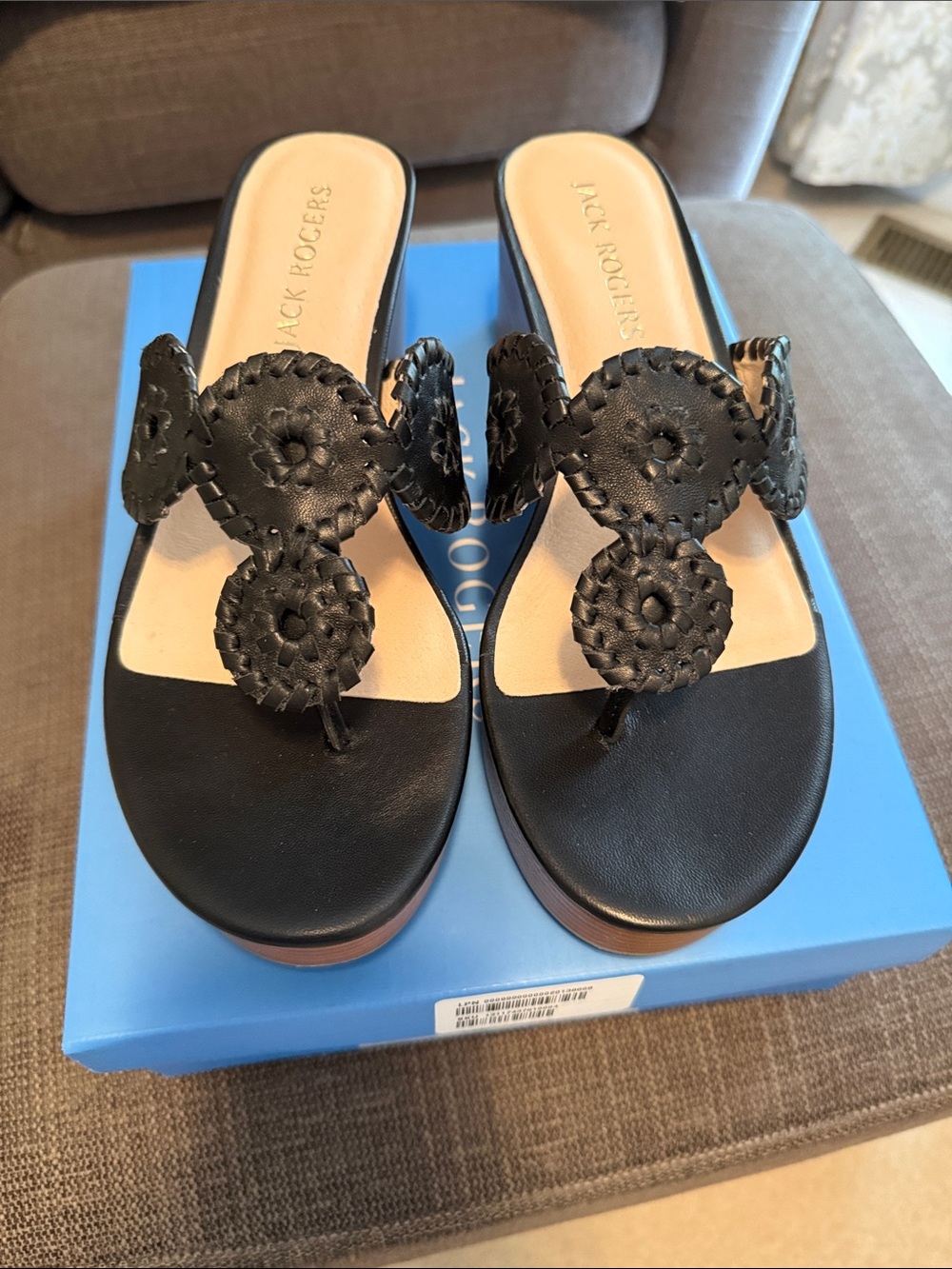 New in box - Jack Rogers Black Leather Braided Medallion Wedge Sandals